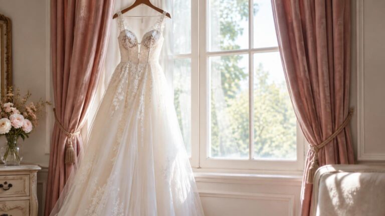 KI-generiert: Brautkleid am Fenster