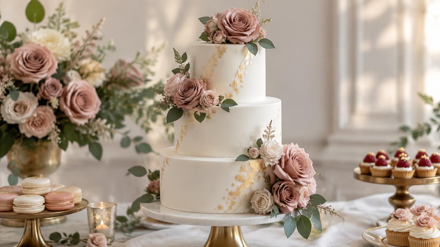 KI-generiert: Hochzeitstorte mit Rosen